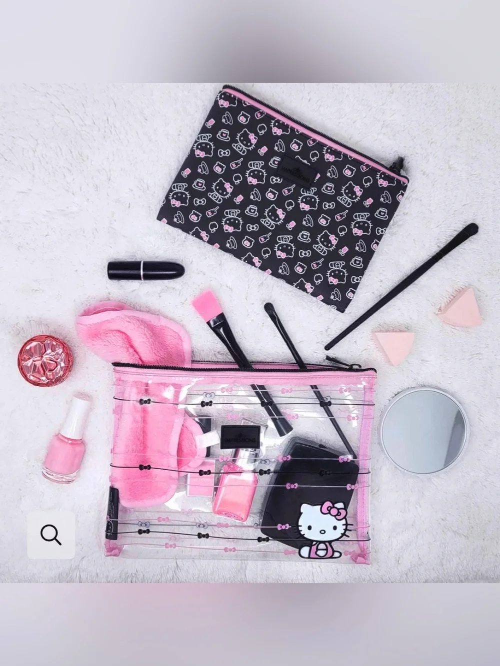 IMPRESSIONS Hello Kitty Slim Pouch Set Black/ Pink Cosmetic Makeup Bag